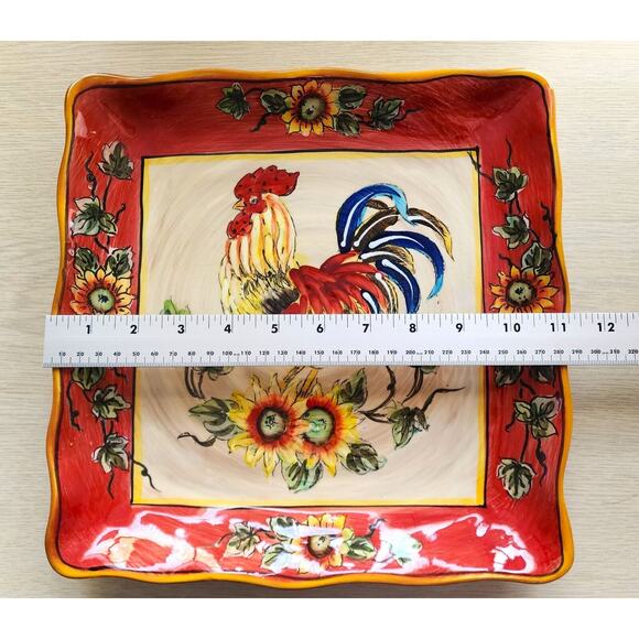 PLATTER/SERVING DISH-GALLO-Ceramic-Rooster-Sunflowers-Ruffled Edge-Decor-11"x11" - Picture 11 of 13